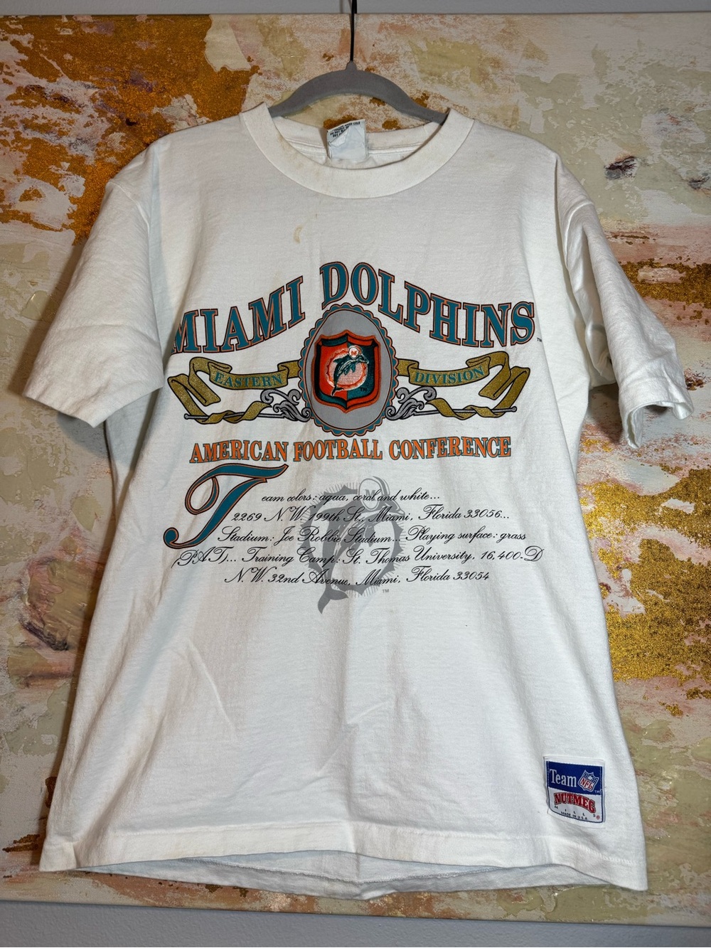Miami Dolphins Vintage Style Graphic Tee - White with Teal & Orange *stains*